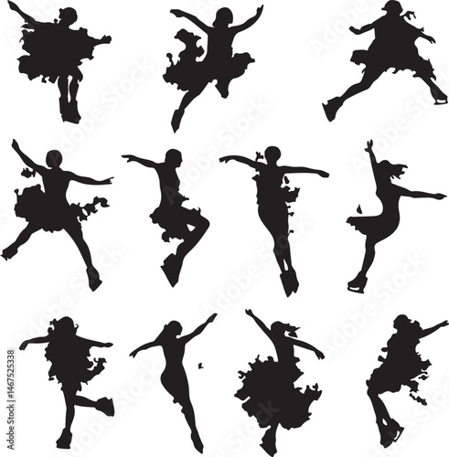 Silhouettes of Ice Skaters in Dynamic Poses, Black and White Figure Skating Art