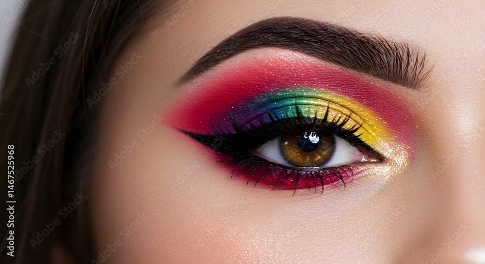 Fototapeta premium Close up of eye with colorful makeup highlighting texture and vibrant cosmetic details
