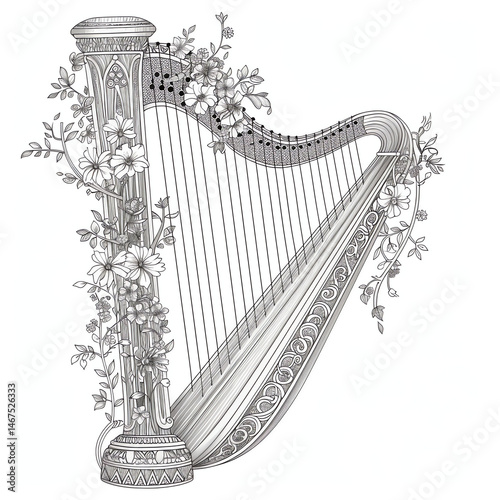 harp and musical instrument coloring page