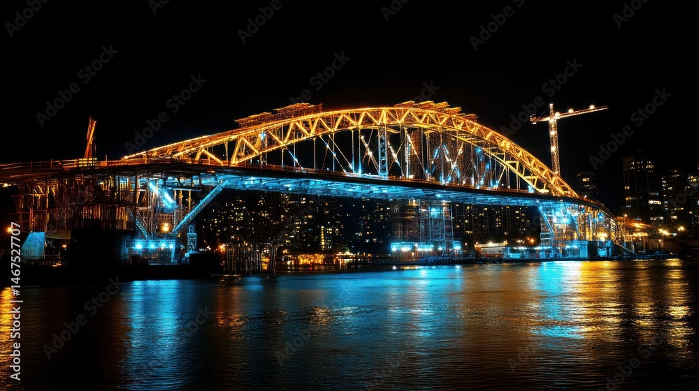 Fototapeta premium Illuminated bridge under construction at night