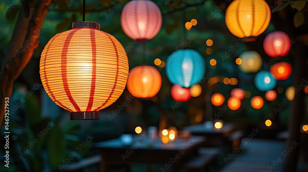 Obraz premium A cozy outdoor dining area illuminated by colorful paper lanterns in shades of orange,