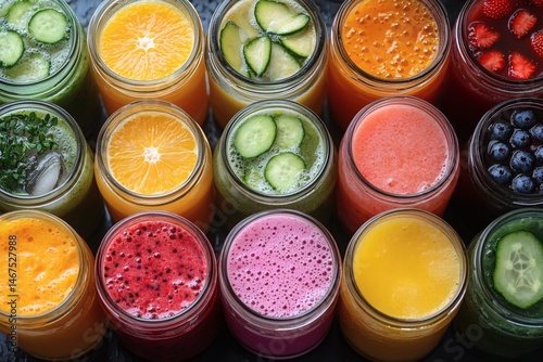 Assorted fresh pressed fruit juices served in transparent plastic bottles arranged in circle pattern on wooden table photographed from above in daylight showcasing natural vitamin rich hydration,
