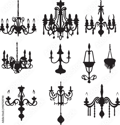 Elegant Silhouette Chandeliers Collection: Vintage Lighting Fixtures in Black, Vector Art