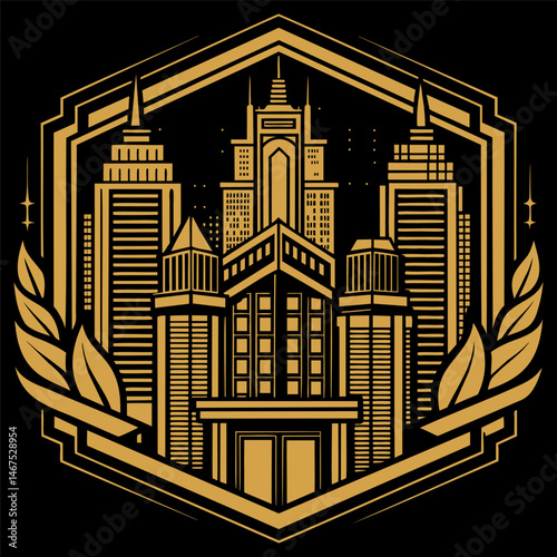 Heraldic emblem with skyscrapers and leaves in a frame on black background