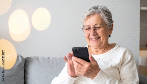 Elderly Woman using a Smartphone - Elders using Technology - Adapting to Advanced Society - Old lady texting, chatting, calling, surfing - Senior using a mobile phone or cellphone at Home