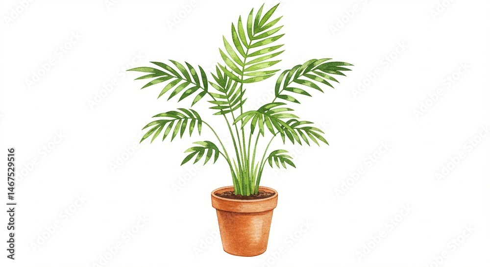 kentia palm - Watercolor illustration of a potted palm plant with lush green fronds against a plain white background. kentia palm - Watercolor illustration of a potted palm plant with lush green fronds against a plain white background.