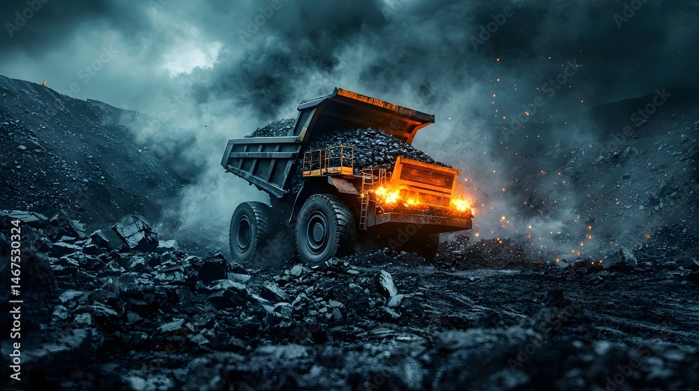A massive heavy duty mining truck navigates through a rugged coal mining landscape blanketed in a thick moody fog and heavy rain A massive heavy duty mining truck navigates through a rugged coal mining landscape blanketed in a thick moody fog and heavy rain