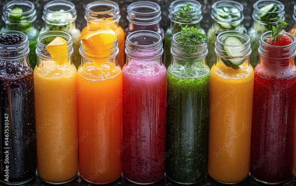 Assorted fresh pressed fruit juices served in transparent plastic bottles arranged in circle pattern on wooden table photographed from above in daylight showcasing natural vitamin rich hydration,