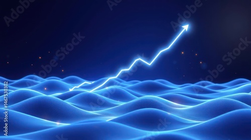 Ascending luminous arrow over a wavy, blue, digital landscape