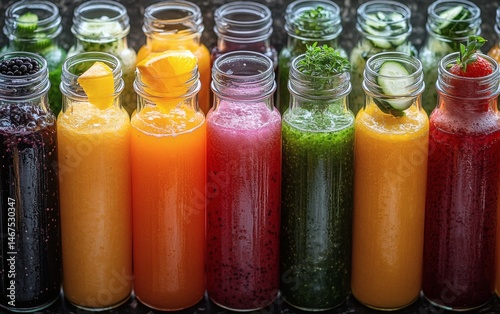 Obraz na płótnie Assorted fresh pressed fruit juices served in transparent plastic bottles arranged in circle pattern on wooden table photographed from above in daylight showcasing natural vitamin rich hydration,
w salonie