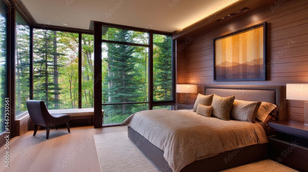 Fototapeta premium Modern bedroom with large windows showcasing lush green forest scenery and cozy decor