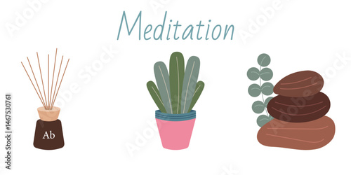 Meditation time set. Hand drawn elements collection: aromatic diffuser, plant, massage stone. Vector flat illustration of meditation stuff, equipments, yoga accessories