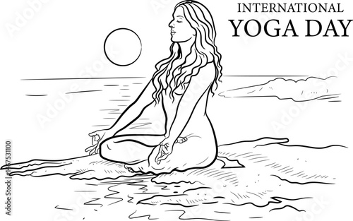 International Yoga Day 2025 global, black and white line drawing vector illustration