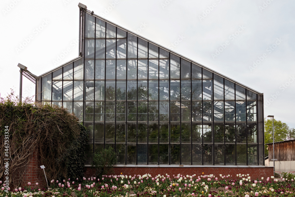 Obraz premium Glass greenhouse building with sharp corners and flowers in the foreground.