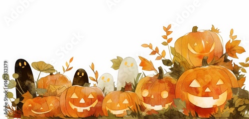 Adorable watercolor clip art of a pumpkin border in a charming style, isolated on a white background. This artwork conveys a cute and creepy mood, effectively evoking the atmosphere of Halloween. 