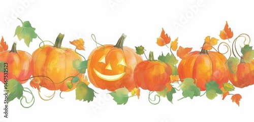 A charming watercolor clip art of a cute border featuring pumpkins, isolated on a white background. The artwork exudes a cute and creepy mood, perfectly capturing the essence of a Halloween atmosphere