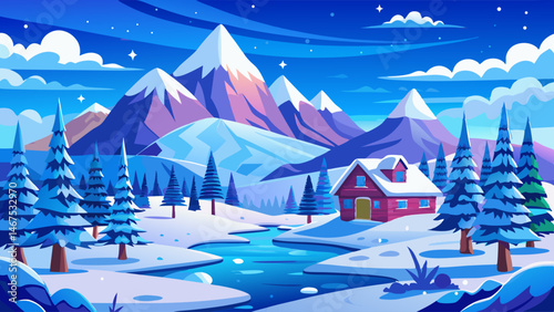 Snowy Winter Landscape with Blue Sky and Clouds