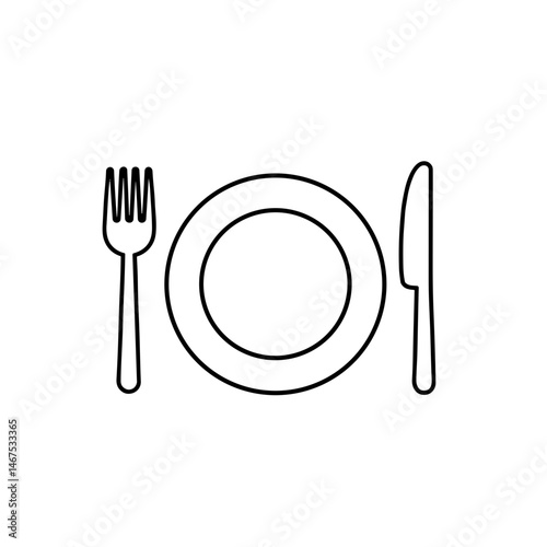 Simple linear icon of plate and cutlery, fork and knife