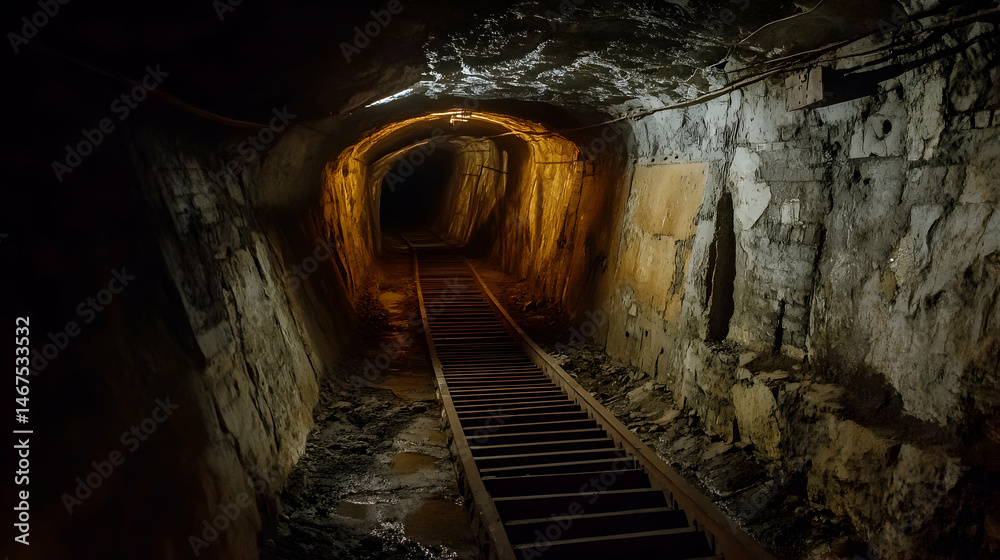 Naklejka premium Dark mine tunnel with wooden tracks leading into the illuminated distance.