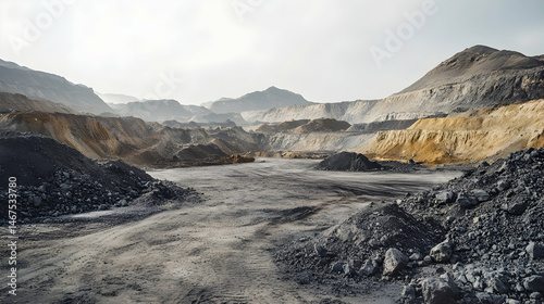Vast open pit mine with layered earth and distant mountain range under overcast sky.