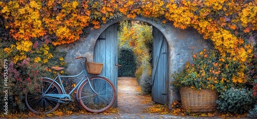 Fototapeta Naklejka Na Ścianę i Meble -  Autumn garden gate, bicycle, fall leaves. Peaceful scene