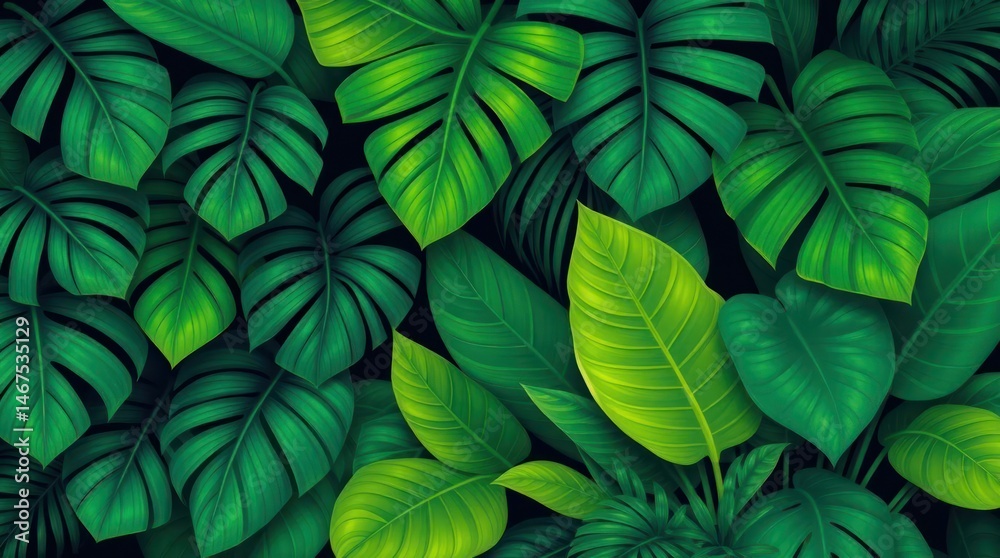 Fototapeta premium Lush tropical foliage in varying shades of green, creating a vibrant and dense jungle-like pattern