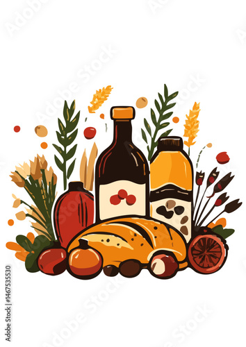 Bottles of olive oil mustard sauce, a loaf of bread, and an assortment of food items set on a dining table.