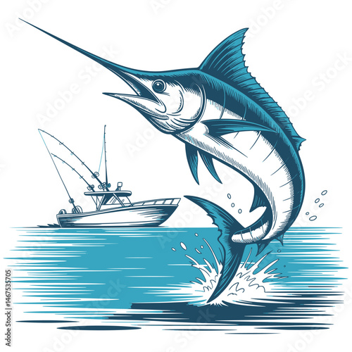 Striped Marlin Leaping from the Ocean near a Sport Fishing Boat