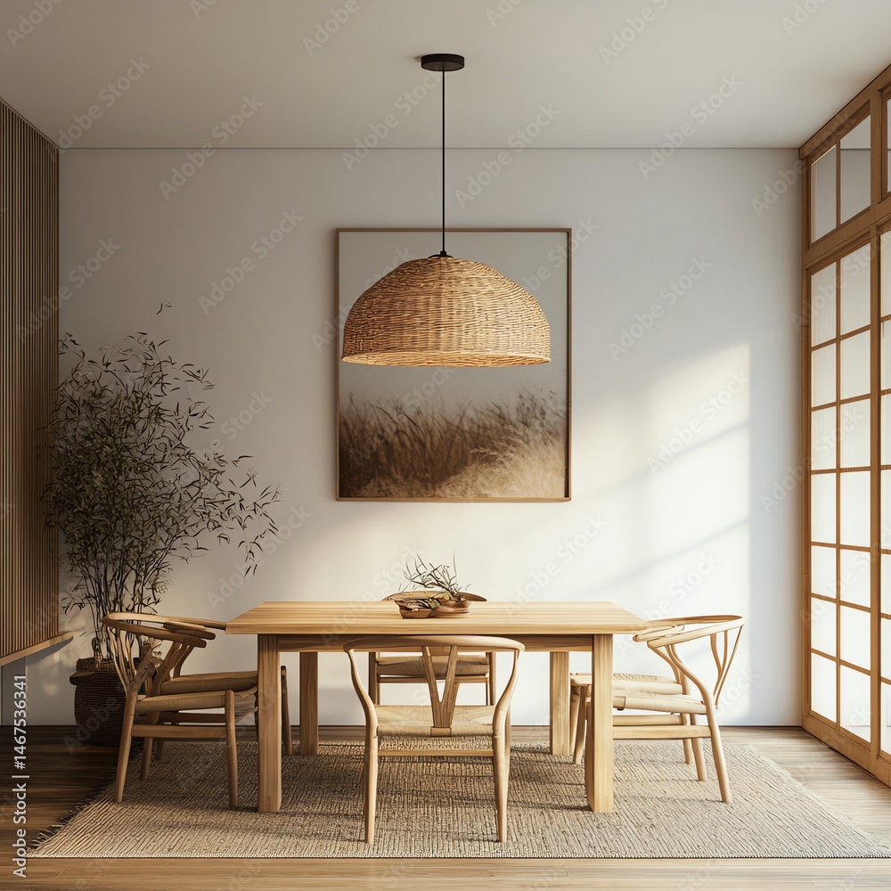 Fototapeta premium Modern dining room with wicker pendant lamp