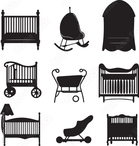 Baby Furniture Silhouettes: Cribs, Rocking Chair, Bassinet, and Stroller Vector Set