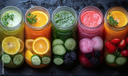 Obraz na płótnie Assorted fresh pressed fruit juices served in transparent plastic bottles arranged in circle pattern on wooden table photographed from above in daylight showcasing natural vitamin rich hydration,
w salonie