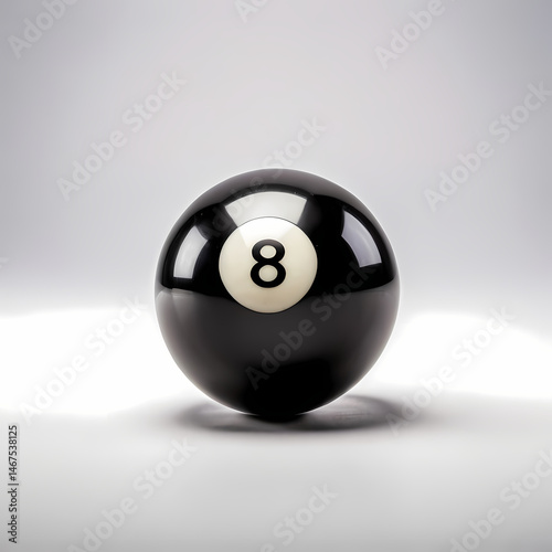 black billiard eight ball with a white circular number, symbolizing precision and strategy. Isolated