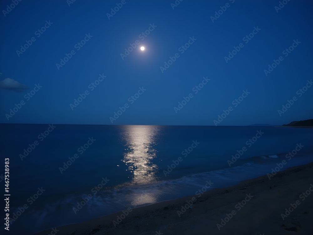 Fototapeta premium A serene beach scene at dusk, featuring moonlight reflecting on calm waters.
