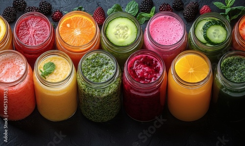 Obraz na płótnie Assorted fresh pressed fruit juices served in transparent plastic bottles arranged in circle pattern on wooden table photographed from above in daylight showcasing natural vitamin rich hydration,
w salonie