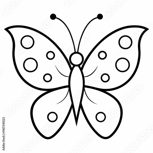 Outlined butterfly with circular spots on wings and antennae with circles tops