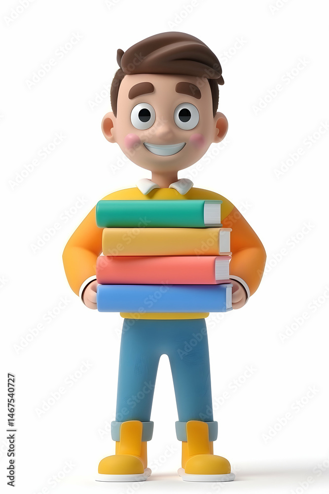 Animated student carrying a stack of vibrant books with cheerful expression Animated student carrying a stack of vibrant books with cheerful expression