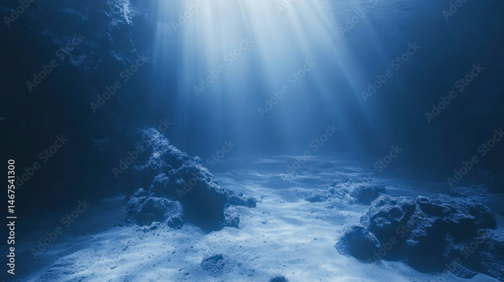 Underwater landscape with blue light and clear ocean floor near coral formations
