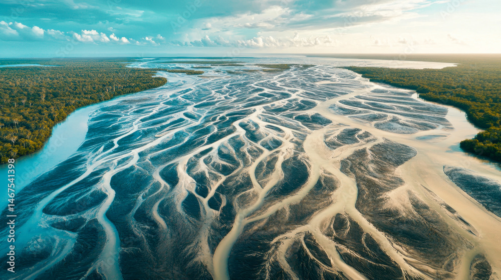 Expansive aerial view of a mangrove swamp revealing intricate river patterns in lush greenery