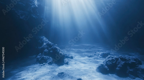Obraz na płótnie Underwater landscape with blue light and clear ocean floor near coral formations w salonie
