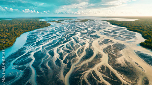 Obraz na płótnie Expansive aerial view of a mangrove swamp revealing intricate river patterns in lush greenery w salonie