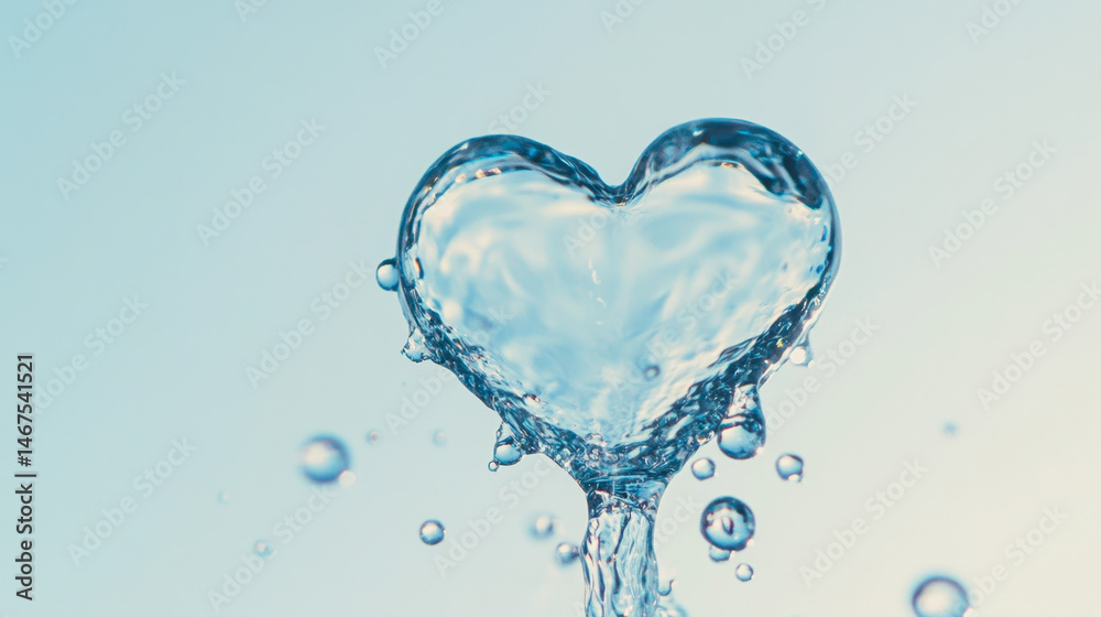 Water droplets create a heart shape in mid-air against a light blue background