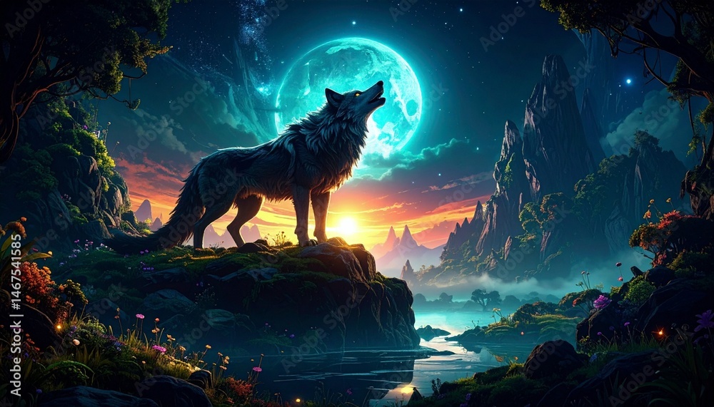 Fototapeta Howling wolf wallpaper, cliff at sunset