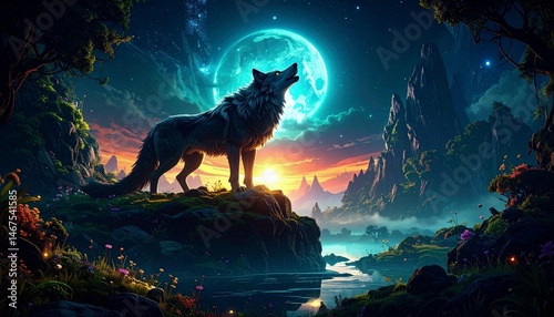 Howling wolf wallpaper, cliff at sunset