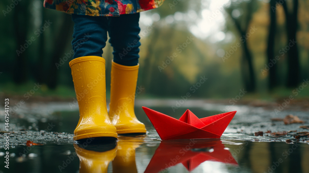 Yellow rain boots crushing a red paper boat in a puddle on a rainy day