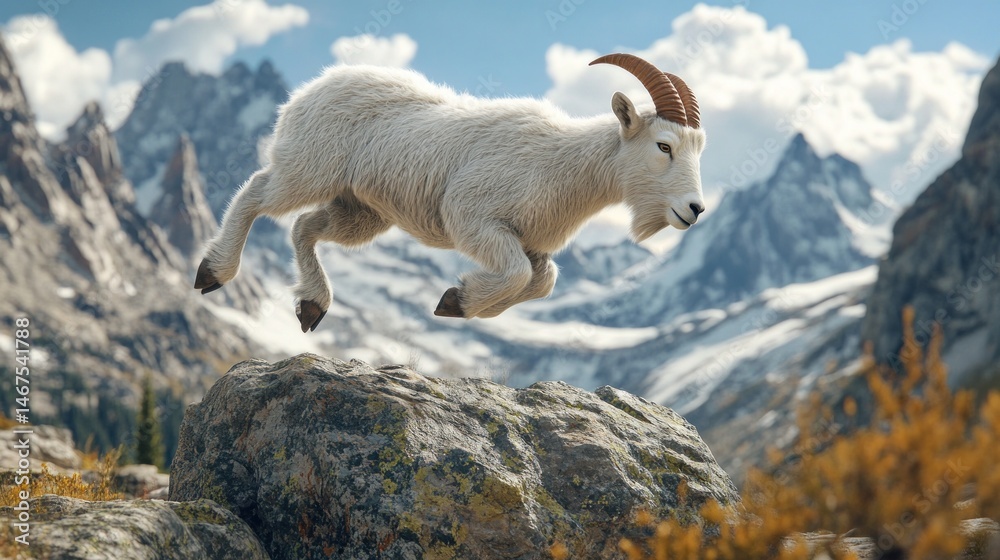 Obraz premium Mountain goat leaping across rocky terrain