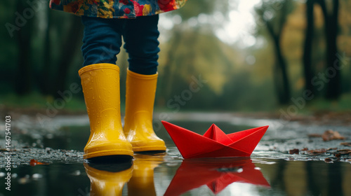 Obraz na płótnie Yellow rain boots crushing a red paper boat in a puddle on a rainy day w salonie