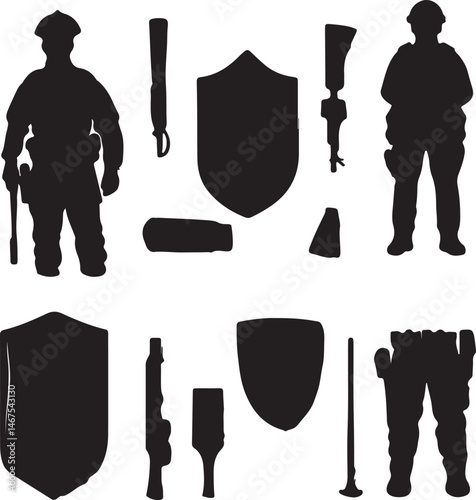 Silhouette Police Gear and Officers: Riot Control Equipment Vector Illustration