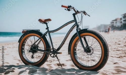 Beach cruiser bicycle on sandy shore, ocean background; travel, leisure