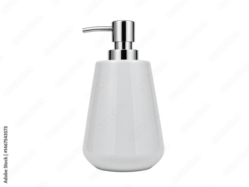 Obraz premium Elegant white soap dispenser on a striking black background, study in minimalist design