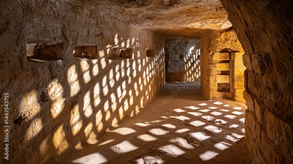 Obraz premium Sunlit, ancient cave passageway